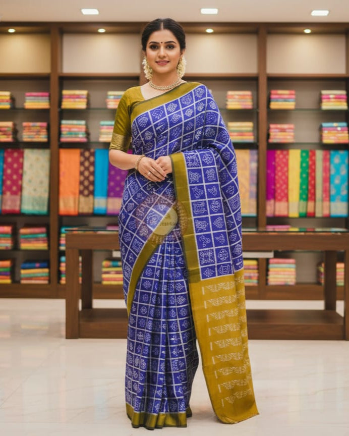 Blue Mustard Yellow Nabakothi Mulberry Silk Saree