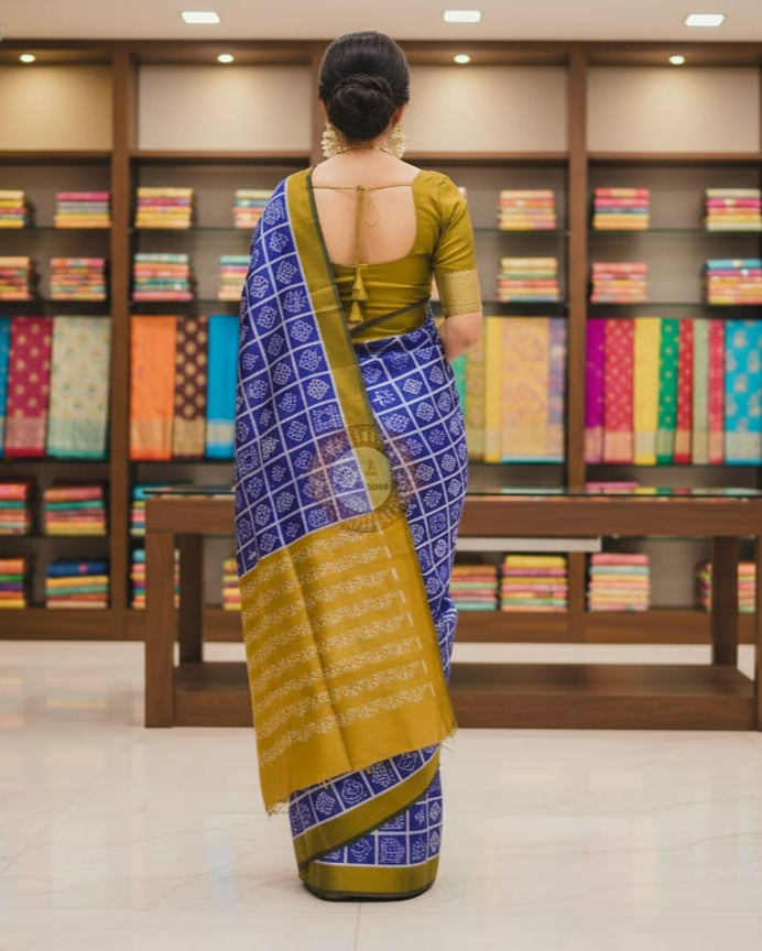 Blue Mustard Yellow Nabakothi Mulberry Silk Saree