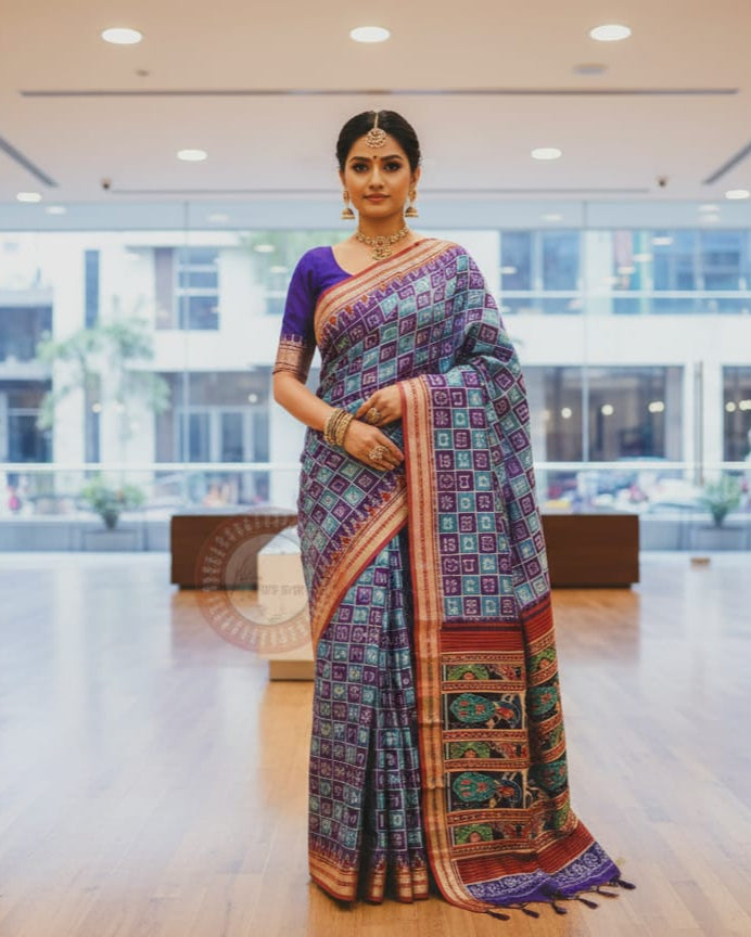 Sky-Purple Maroon Hindi Alphabet Mulberry Silk Saree