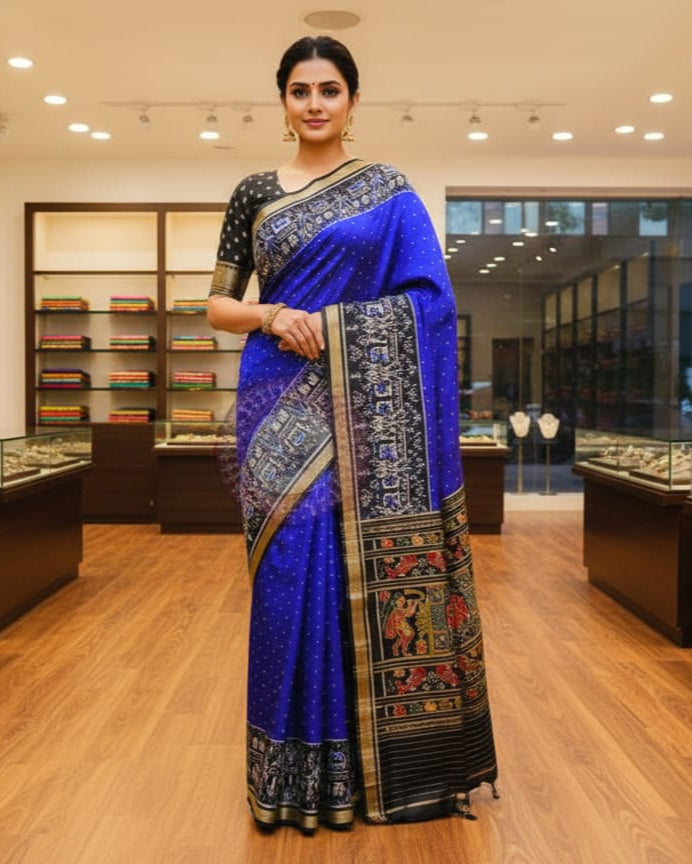 Blue Black Tribal Tree Design Mulberry Silk Saree