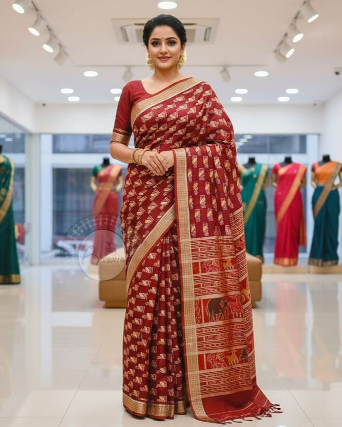 Maroon Self Swans Design Mulberry Silk Saree
