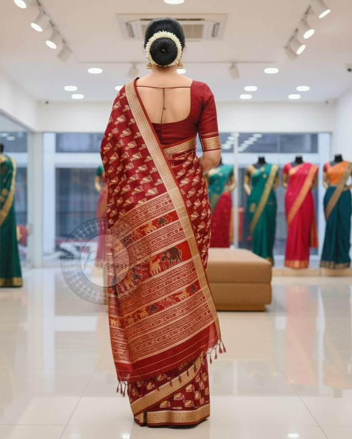 Maroon Self Swans Design Mulberry Silk Saree