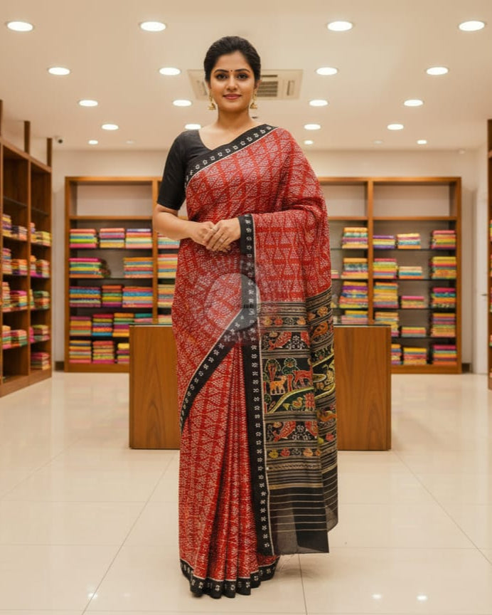 Maroon Black Tribal Chita Mulberry Silk Saree