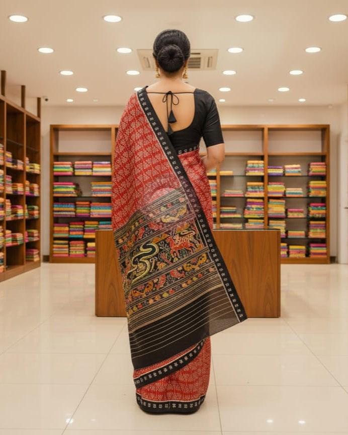Maroon Black Tribal Chita Mulberry Silk Saree
