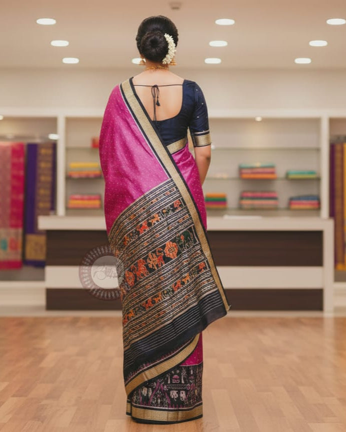 Pink Black Tribal Tree Design Mulberry Silk Saree