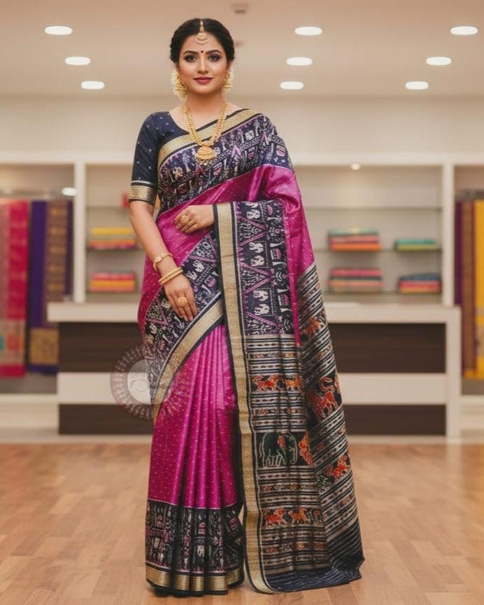 Pink Black Tribal Tree Design Mulberry Silk Saree