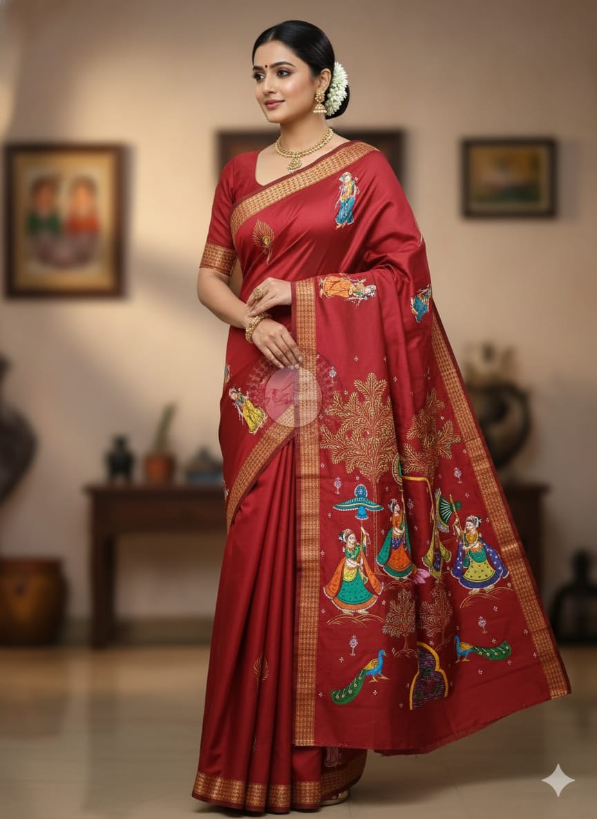 Maroon Radha Krishna Rasa Pattachitra Cotton Blended Silk Saree