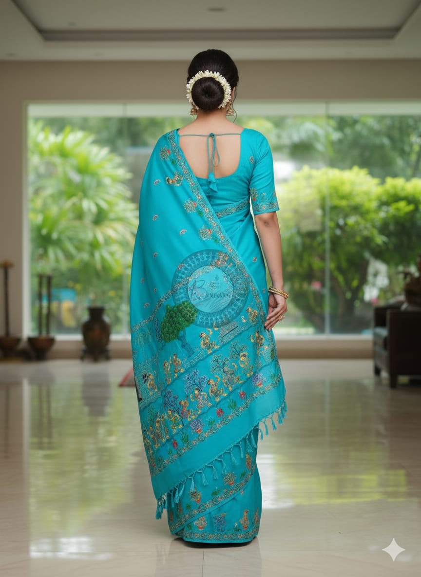Copper Sulphate Dancer Theme Pattachitra Khadi Silk Saree