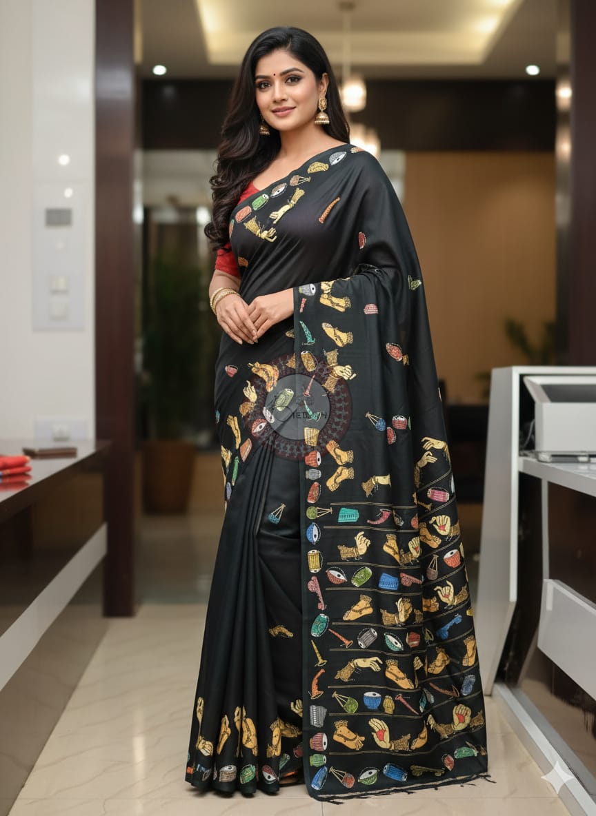Black Musical Instruments Theme Pattachitra Khadi Silk Saree