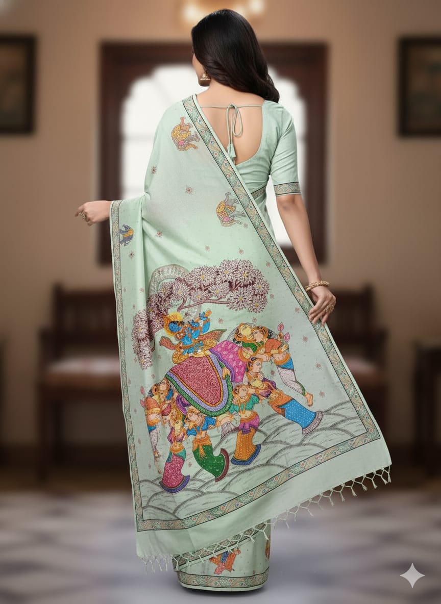 Aqua Kandarp Hasti Theme Pattachitra Khadi Silk Saree