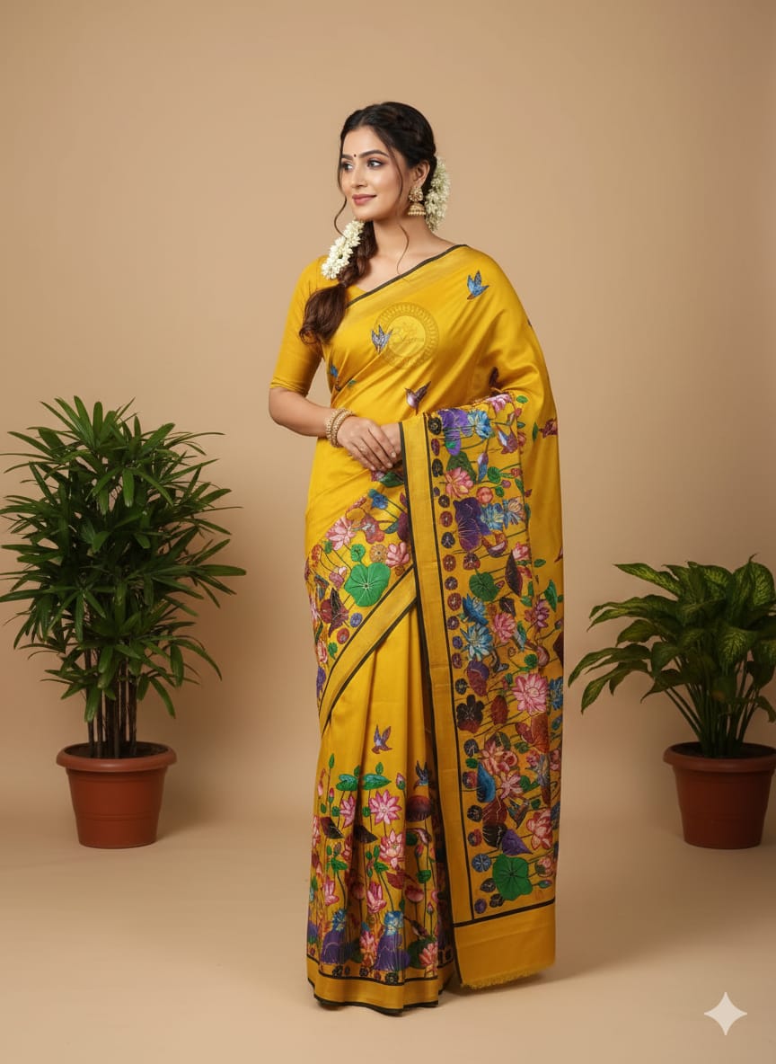 Yellow Water Lily Theme Pattachitra Khadi Silk Saree