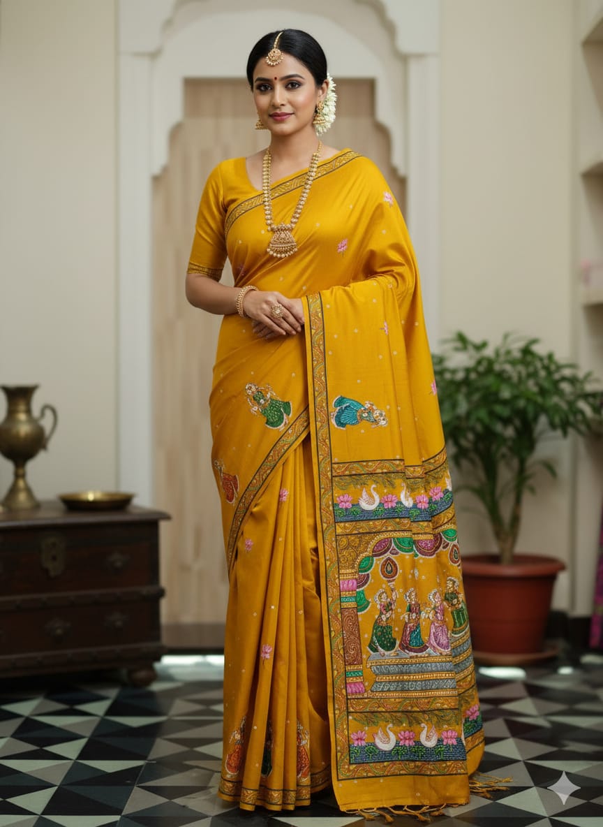 Yellow Radha Krishna Rasa Theme Pattachitra Khadi Silk Saree