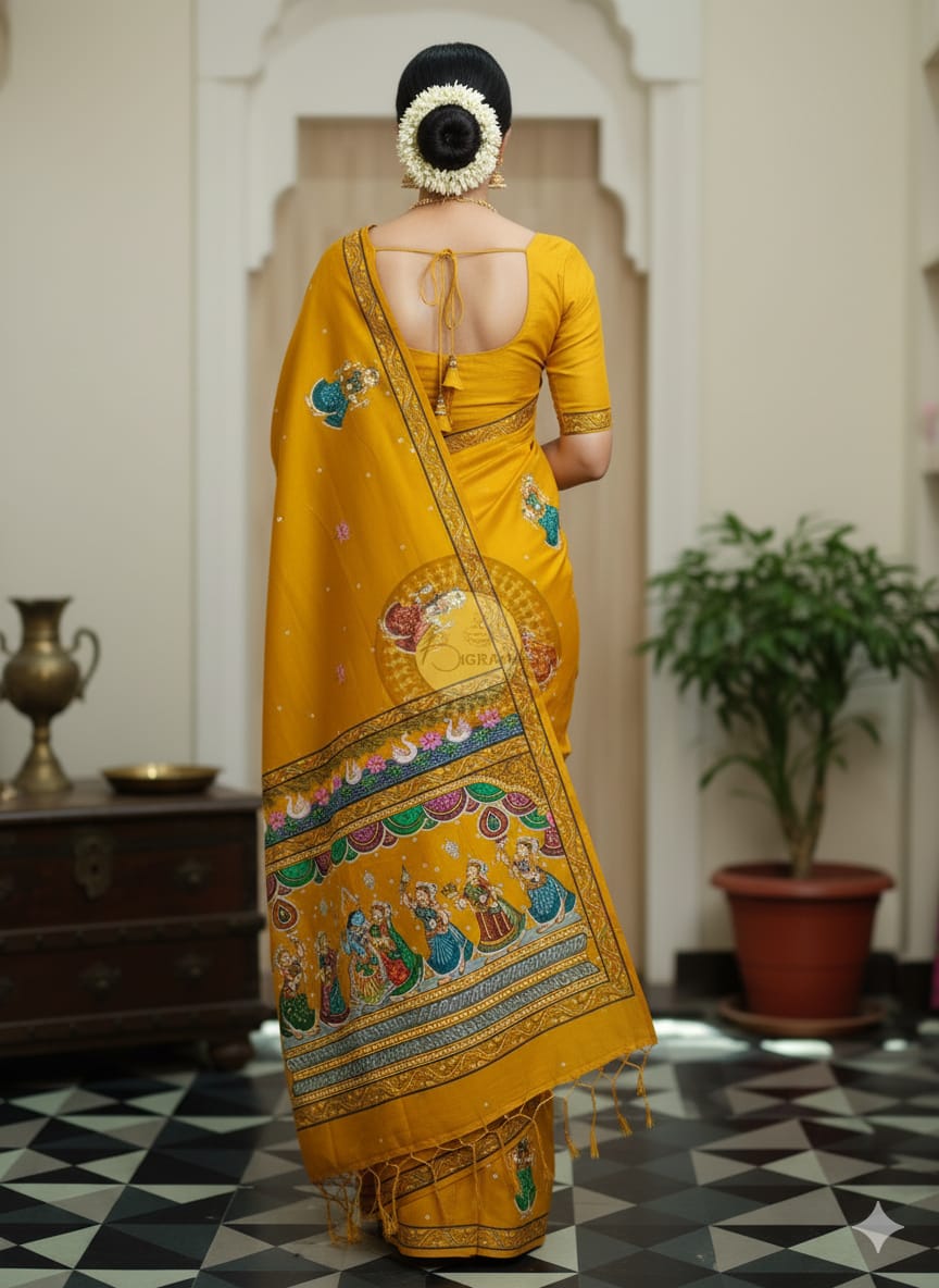 Yellow Radha Krishna Rasa Theme Pattachitra Khadi Silk Saree