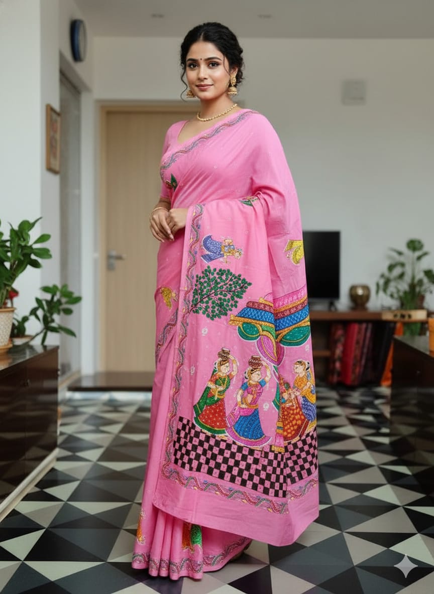 Pink Labani Chori Theme Pattachitra Khadi Silk Saree