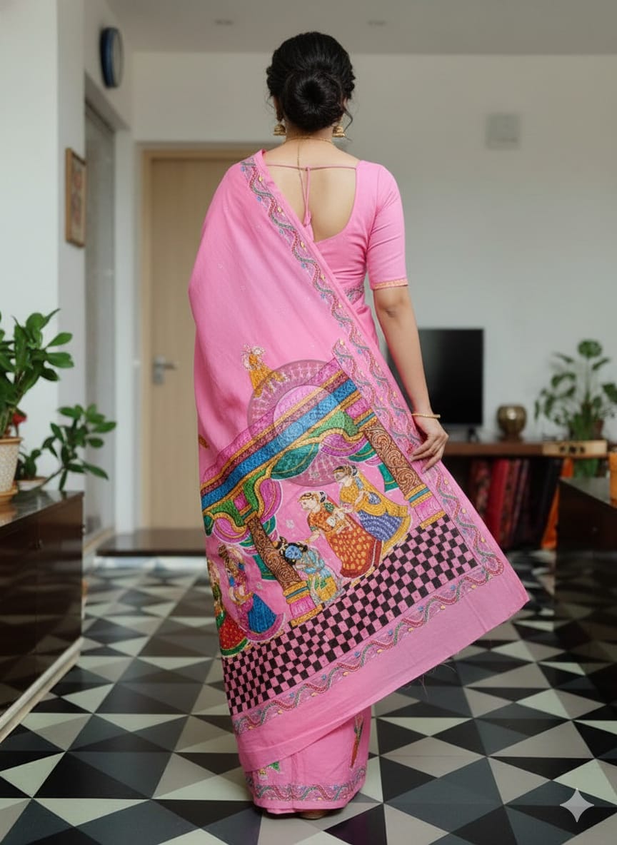Pink Labani Chori Theme Pattachitra Khadi Silk Saree