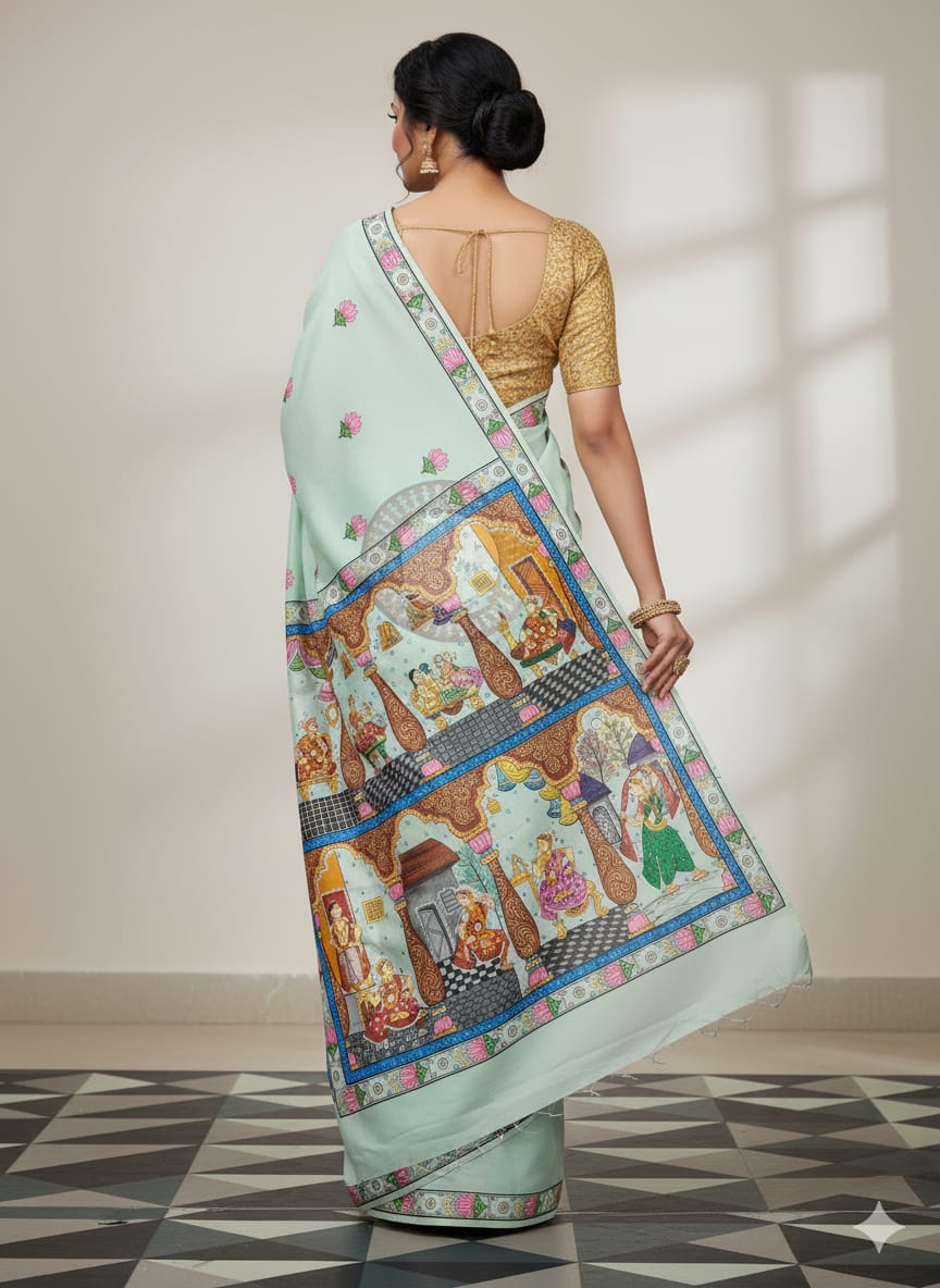 Aqua Sringara Theme Pattachitra Khadi Silk Saree