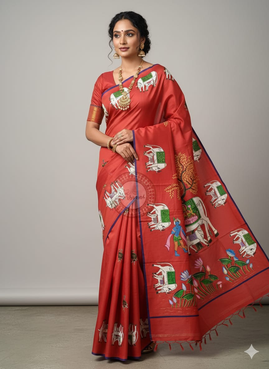 Red Kamadhenu Theme Pattachitra Khadi Silk Saree