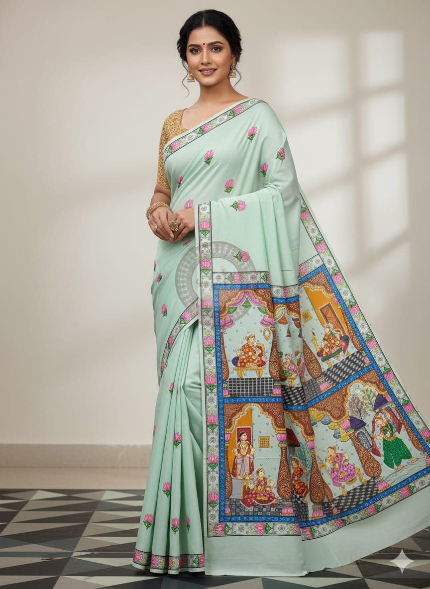 Aqua Sringara Theme Pattachitra Khadi Silk Saree