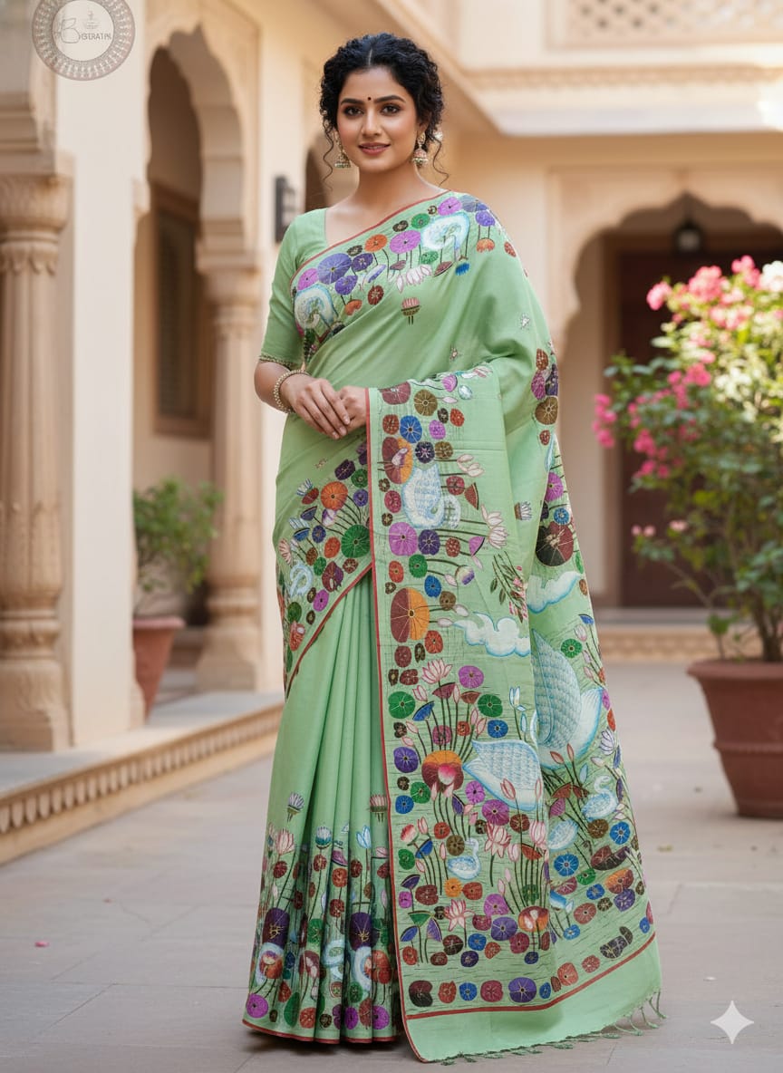Pista Water Lily And Swan Theme Pattachitra Khadi Silk Saree