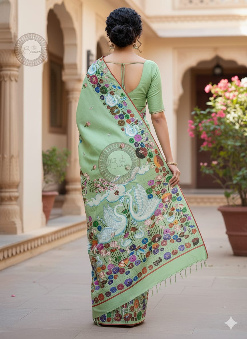 Pista Water Lily And Swan Theme Pattachitra Khadi Silk Saree