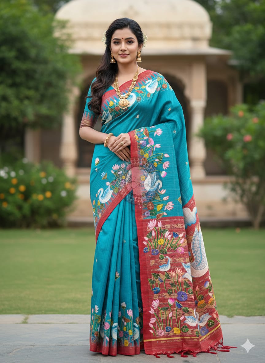 Copper Sulphate Red Water Lily And Swan Theme Pattachitra Tussar Silk Saree