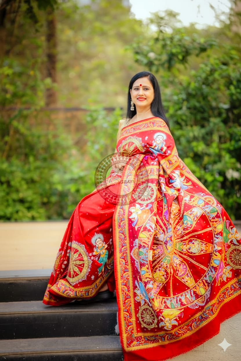 Red Full Body Konark Chakra Pattachitra Silk Saree