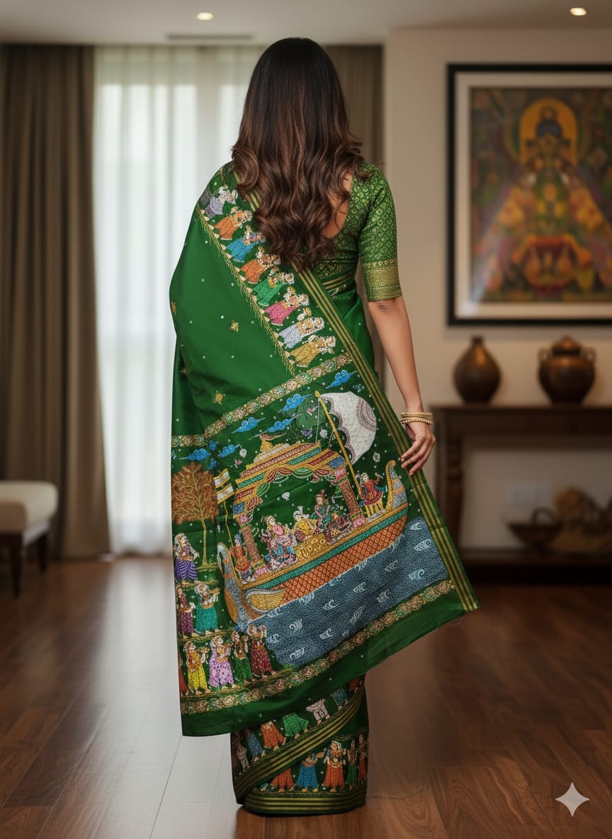 Green Boita Bandana Theme Pattachitra Kanjeeveram Silk Saree