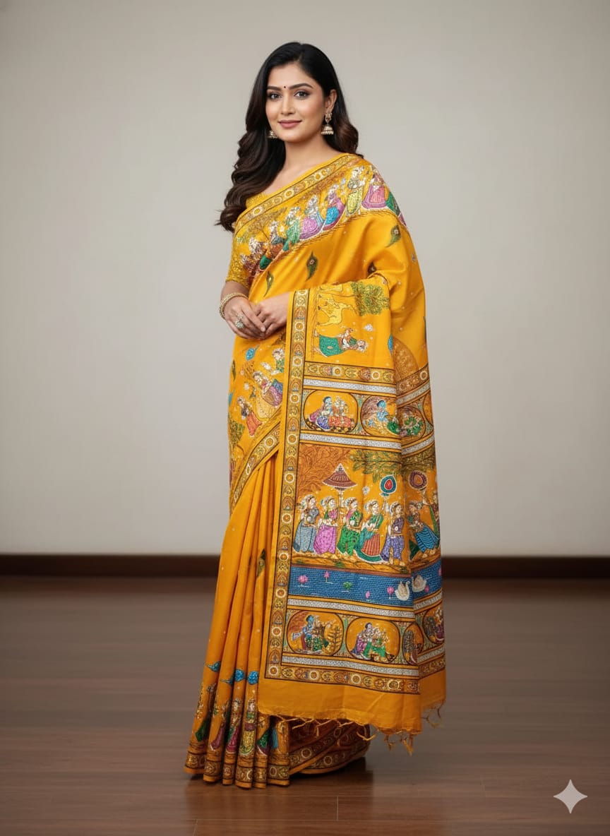 Yellow Radha Krishna Rasa Theme Pattachitra Kanjeeveram Silk Saree
