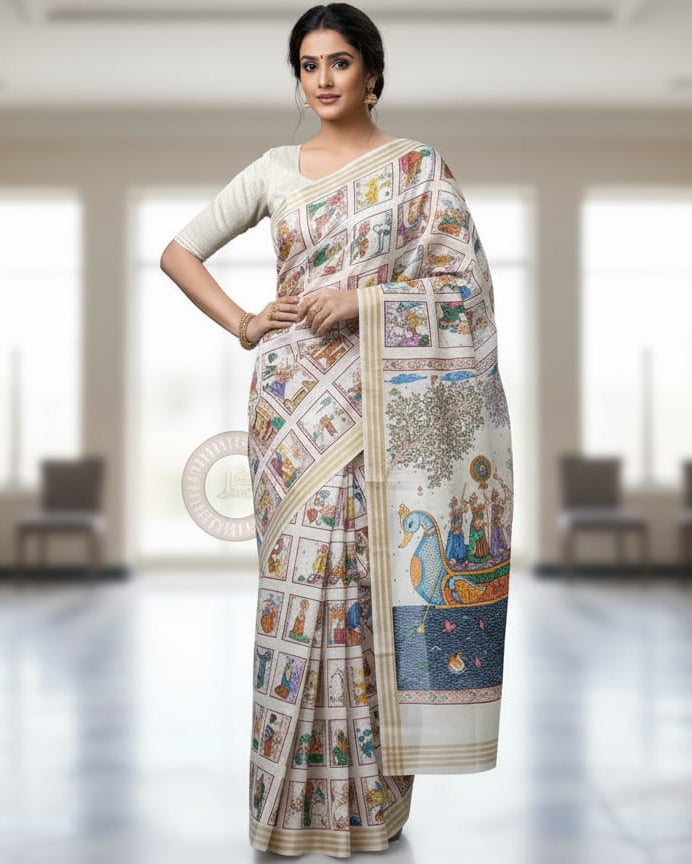 White Small Box Boita Theme Pattachitra Kanjeeveram Silk Saree