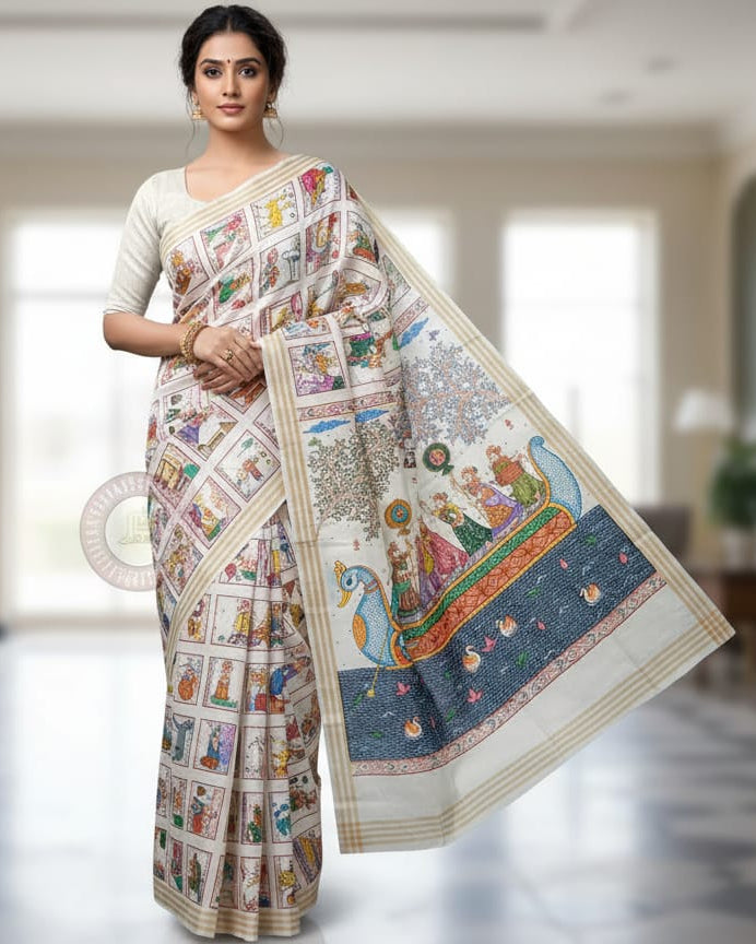White Small Box Boita Theme Pattachitra Kanjeeveram Silk Saree