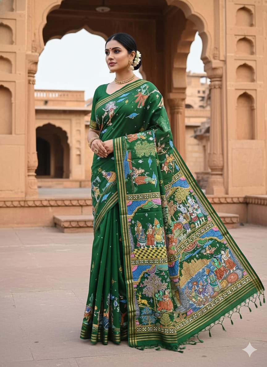 Green Ramayana Story Theme Pattachitra Kanjivaram Silk Saree