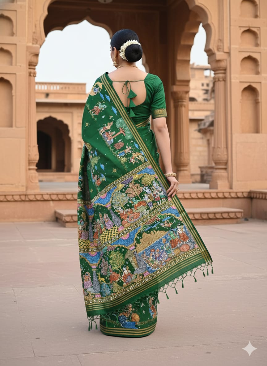 Green Ramayana Story Theme Pattachitra Kanjivaram Silk Saree