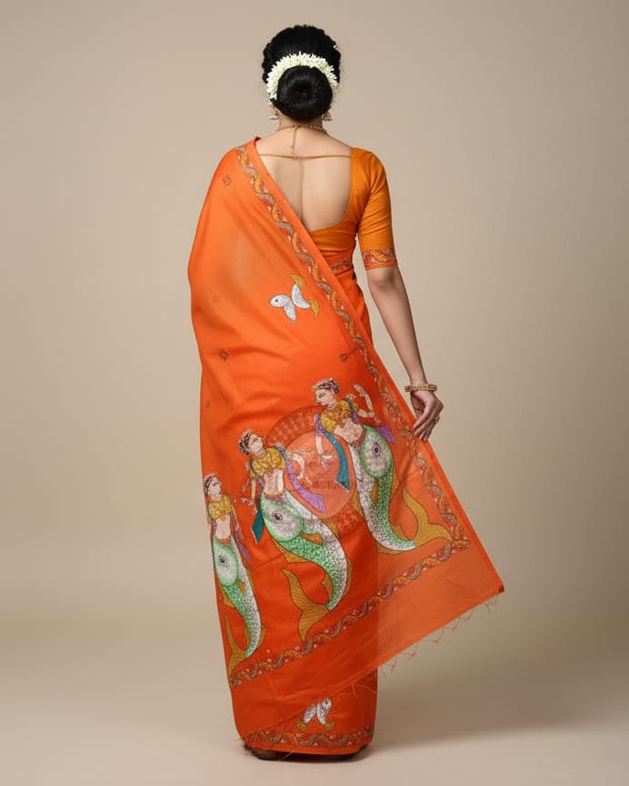 Orange Mastya Kanya Theme Pattachitra Khadi Silk Saree