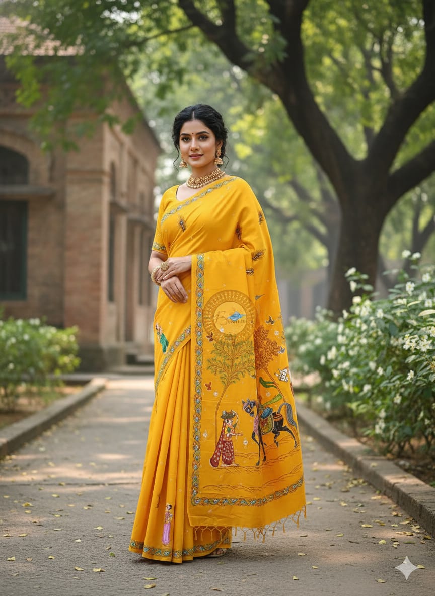 Yellow Kanchi Abhiyan Theme Pattachitra Khadi Silk Saree