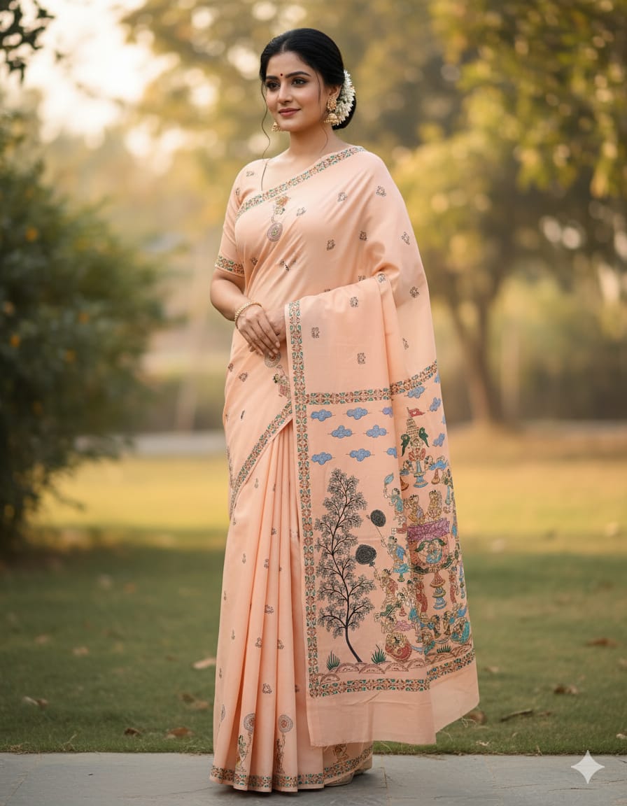 Peach Kandarp Ratha Theme Pattachitra Khadi Silk Saree