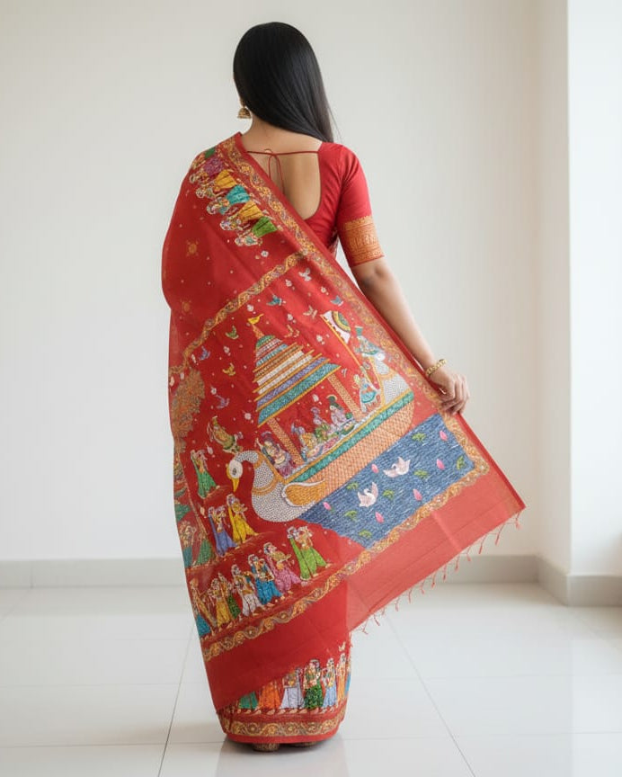 Red Boita Bandan Theme Pattachitra Khadi Silk Saree