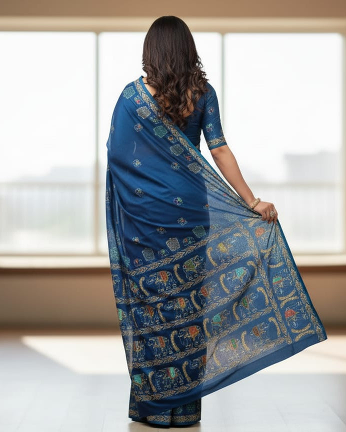 Teal Blue Elephant Theme Pattachitra Khadi Silk Saree