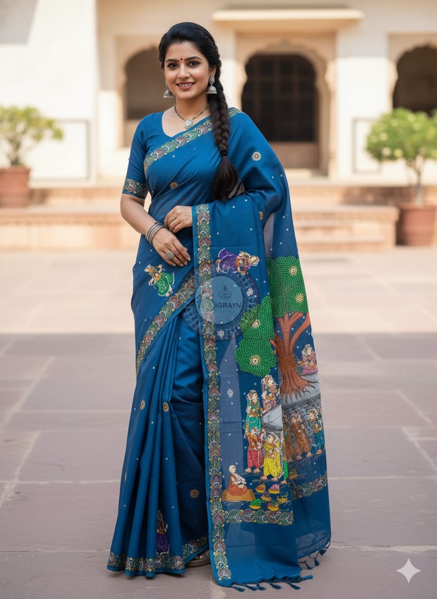 Teal Blue Bata Sabitri Theme Pattachitra Khadi Silk Saree
