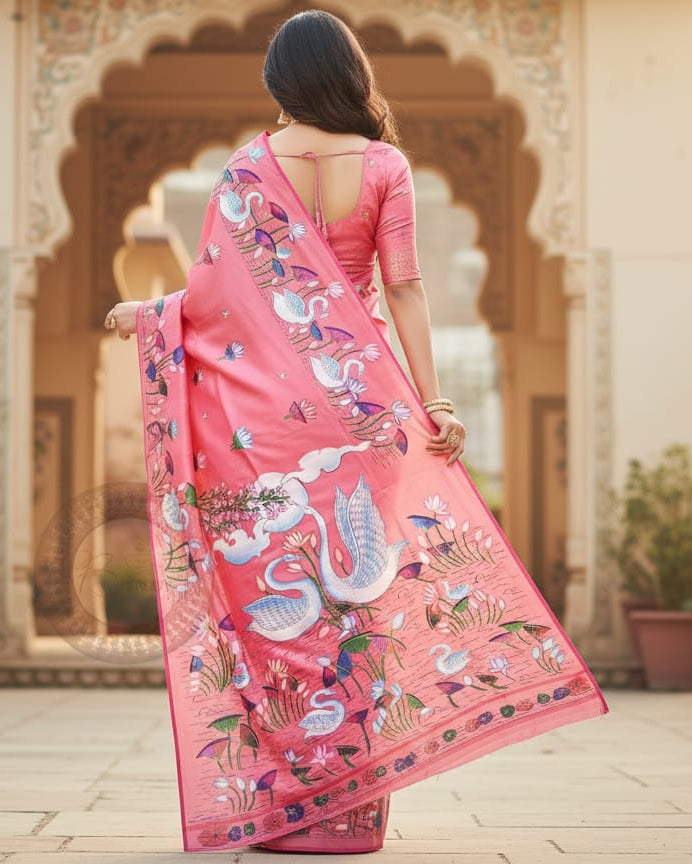 Pink Water Lily And Swan Theme Pattachitra Khadi Silk Saree