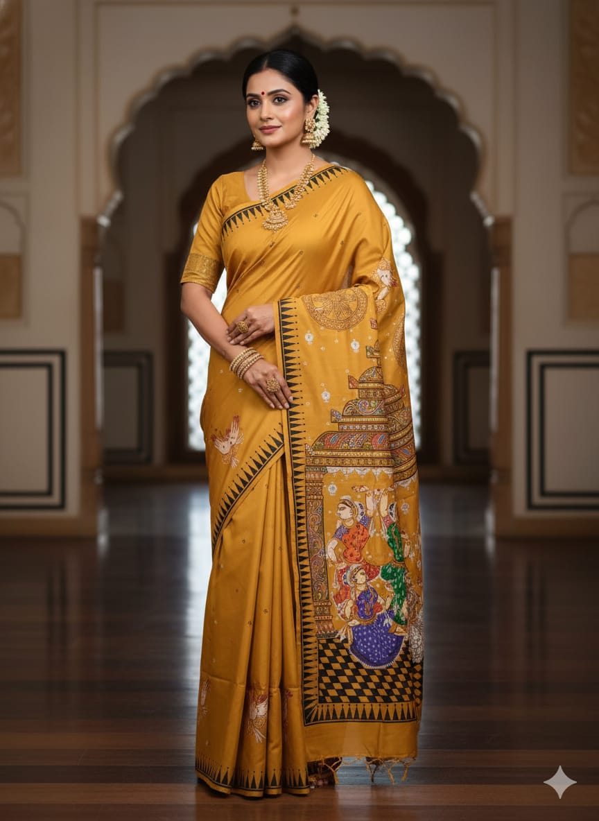 Yellow Konark Temple And Dancer Theme Pattachitra Khadi Silk Saree