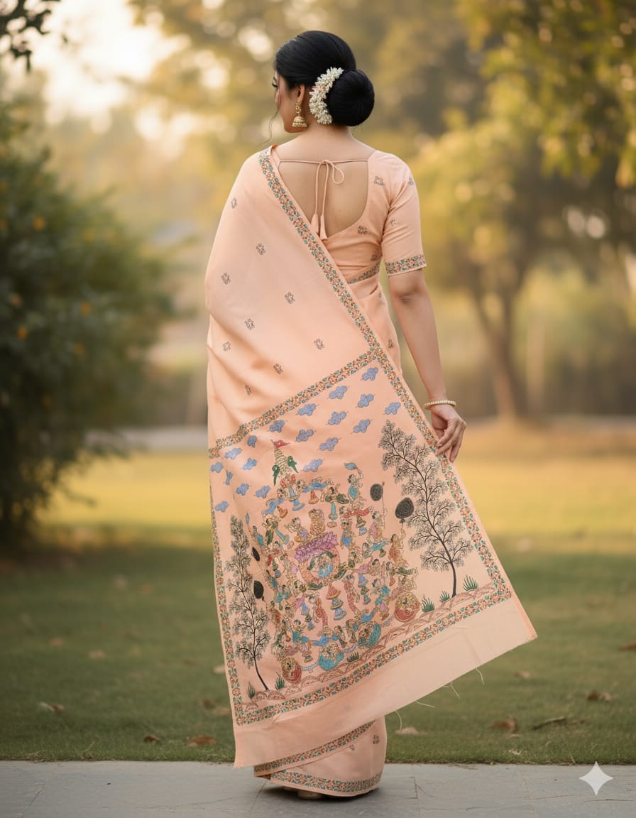 Peach Kandarp Ratha Theme Pattachitra Khadi Silk Saree