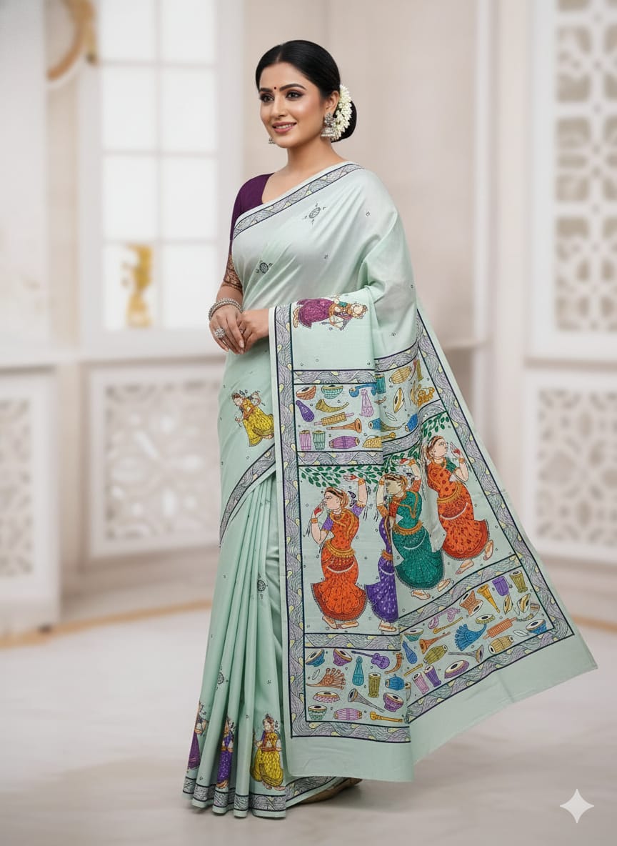 Aqua Dancer And Musical Instruments Theme Pattachitra Khadi Silk Saree