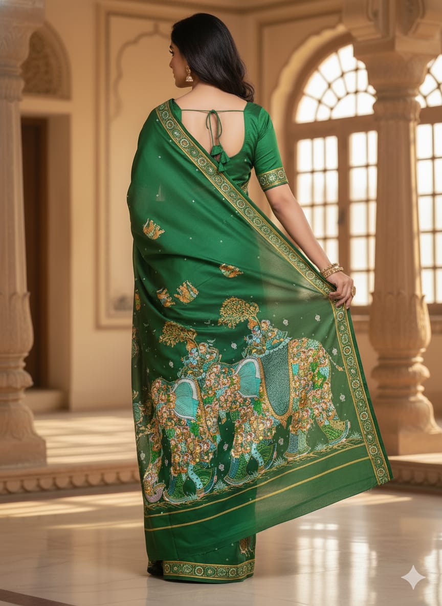 Green Kandarp Hasti Theme Pattachitra Khadi Silk Saree