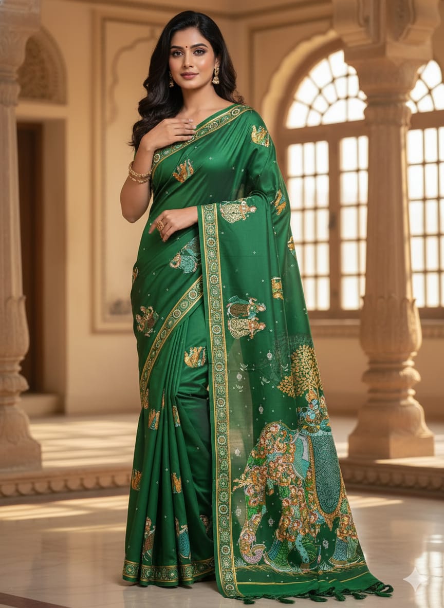 Green Kandarp Hasti Theme Pattachitra Khadi Silk Saree