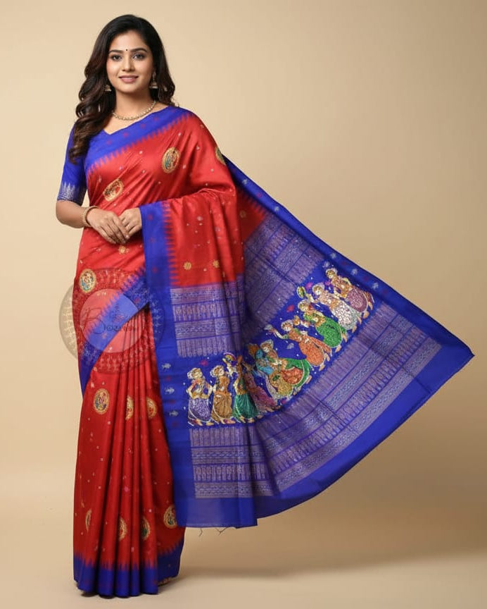 Red Blue Mastya Kachhap With Radha Krishna Rasa Theme Pattachitra Sambalpuri Silk Saree