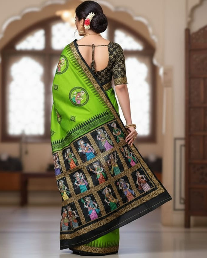 Parrot Green Black Sringara Theme Pattachitra Sambalpuri Silk Saree