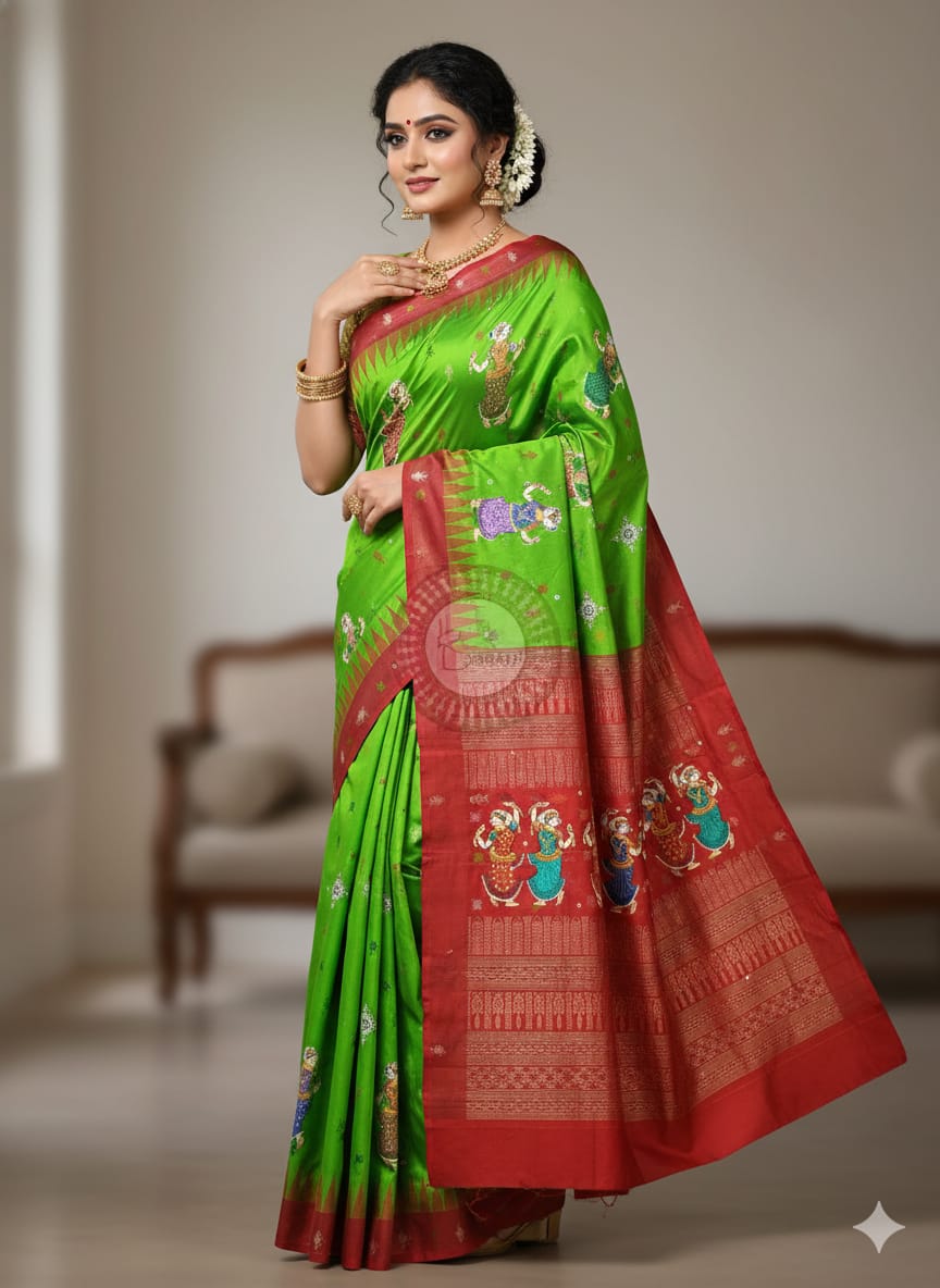 Green Red Mastya Kachhap With Dancer Theme Pattachitra Sambalpuri Silk Saree