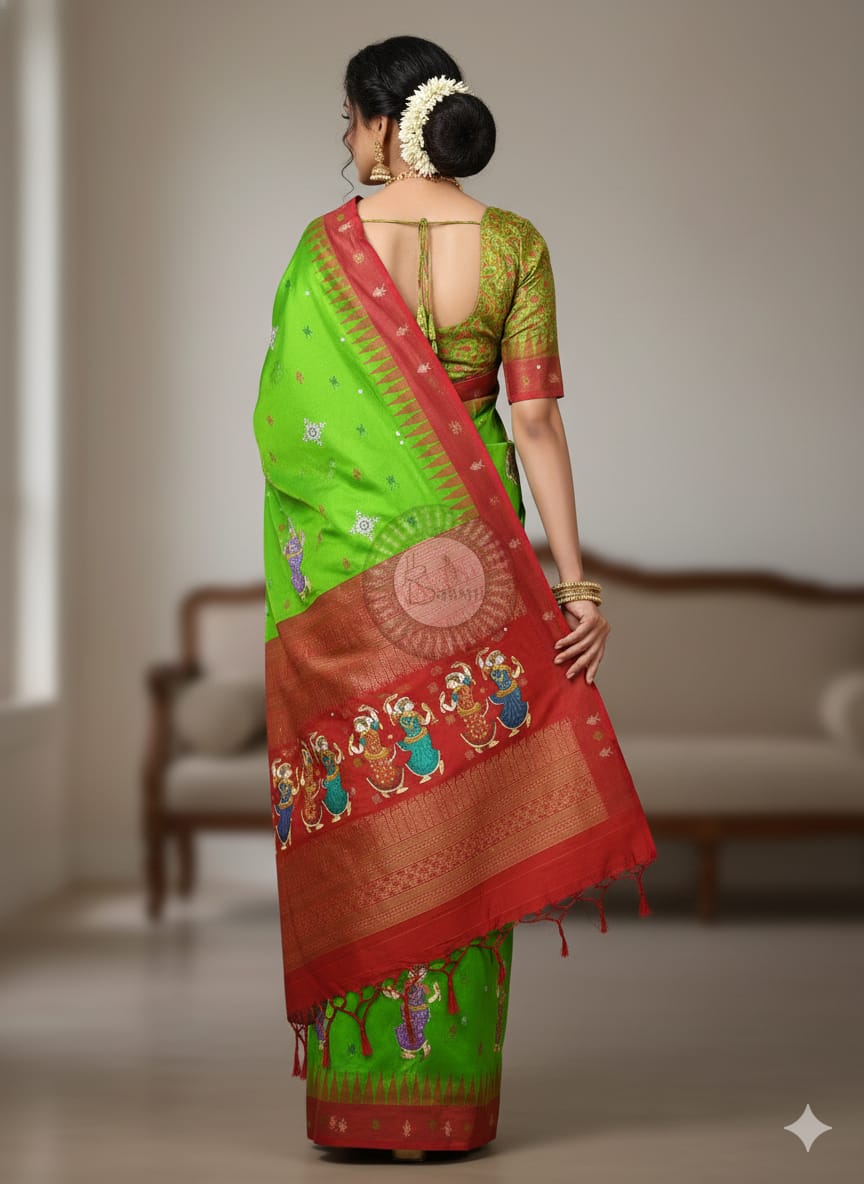 Green Red Mastya Kachhap With Dancer Theme Pattachitra Sambalpuri Silk Saree