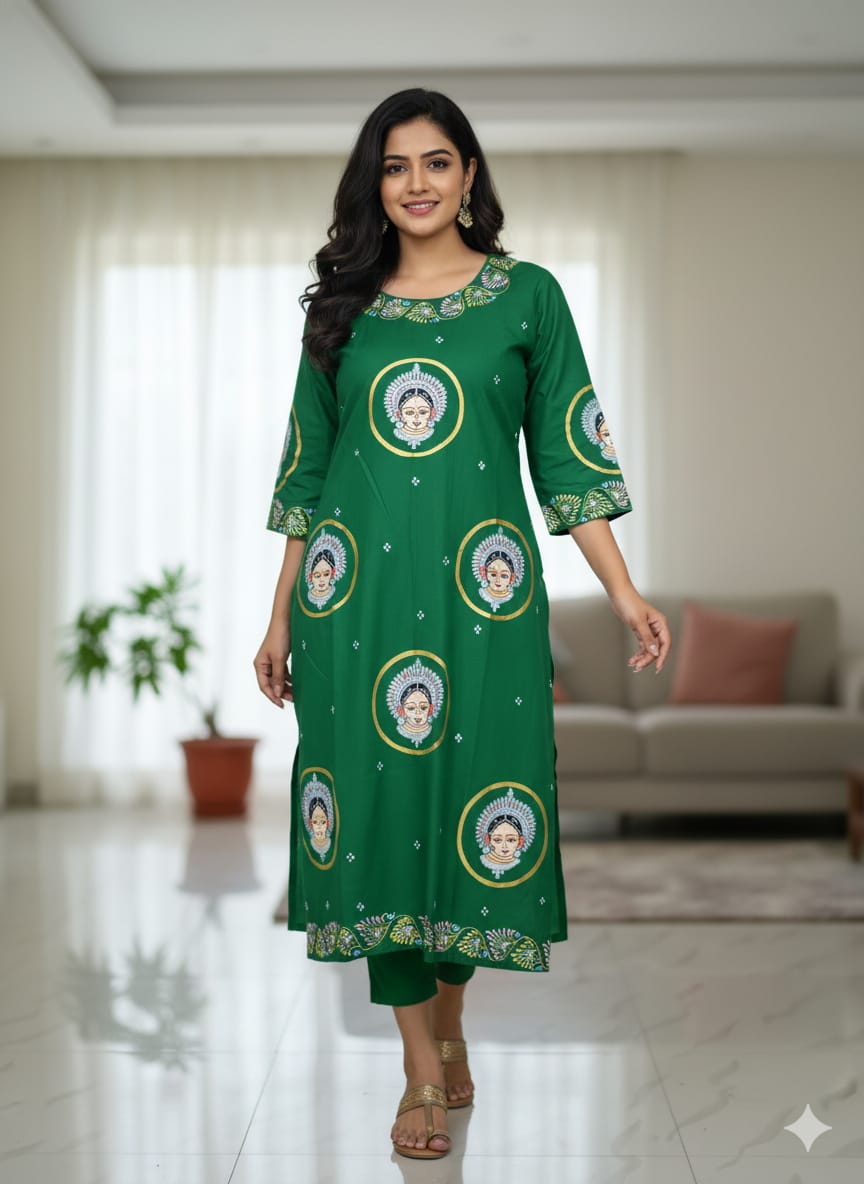 Green Odishi Face Theme Hand Painted Silk Pattachitra Kurti