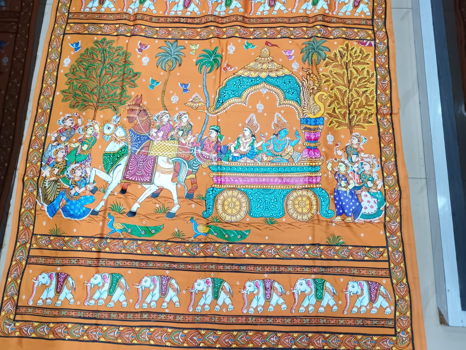 Yellow Mathura Vijay Theme Pattachitra Khadi Silk Saree